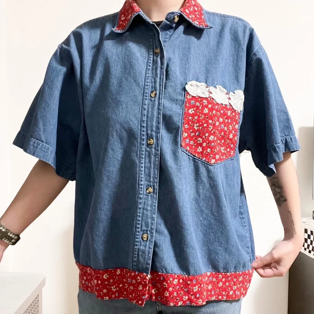 Vintage PTNY Denim Chambray and Calico Short Sleeve Button Up Blouse - Picture 1 of 4